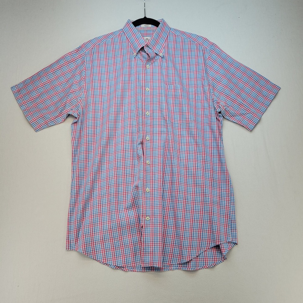 Peter Millar Button Down Shirt Mens Large Pink Blue Plaid Short Sleeve Preppy